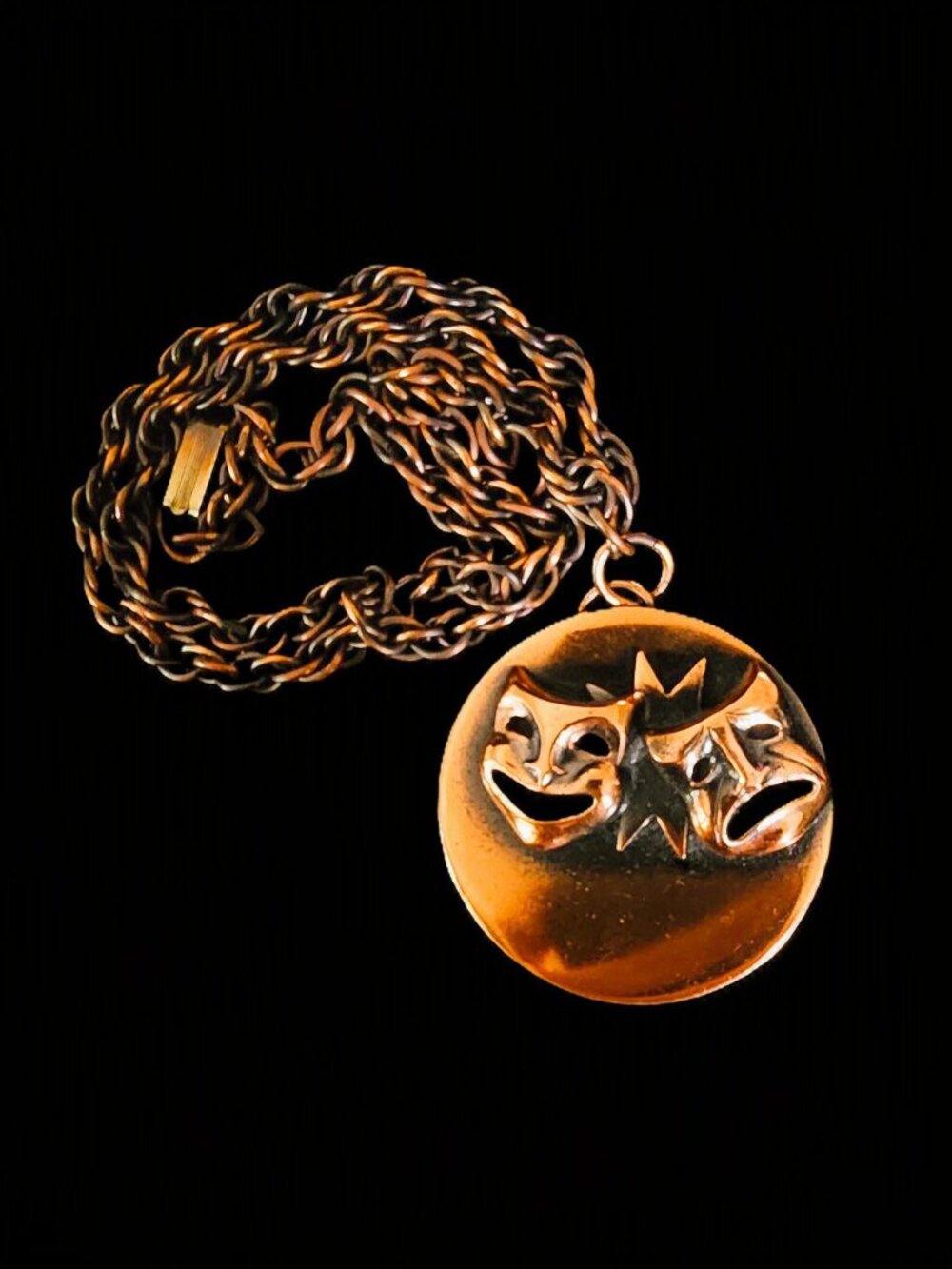 Vintage 1940s MARSHALL Signed Solid Copper Comedy Tragedy Mask Necklace